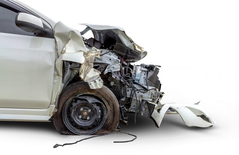 Isolated white car in front has been damaged by accident, cover light [clipping path]