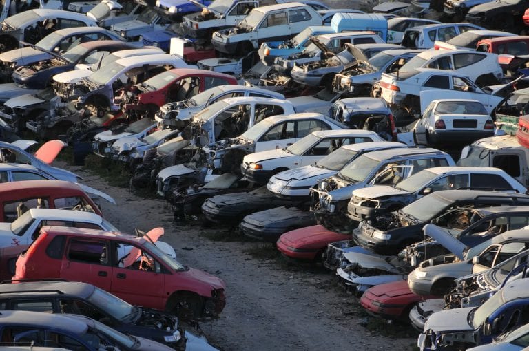 Scrap Yard With Pile Of Crushed Cars in tenerife canary islands spain